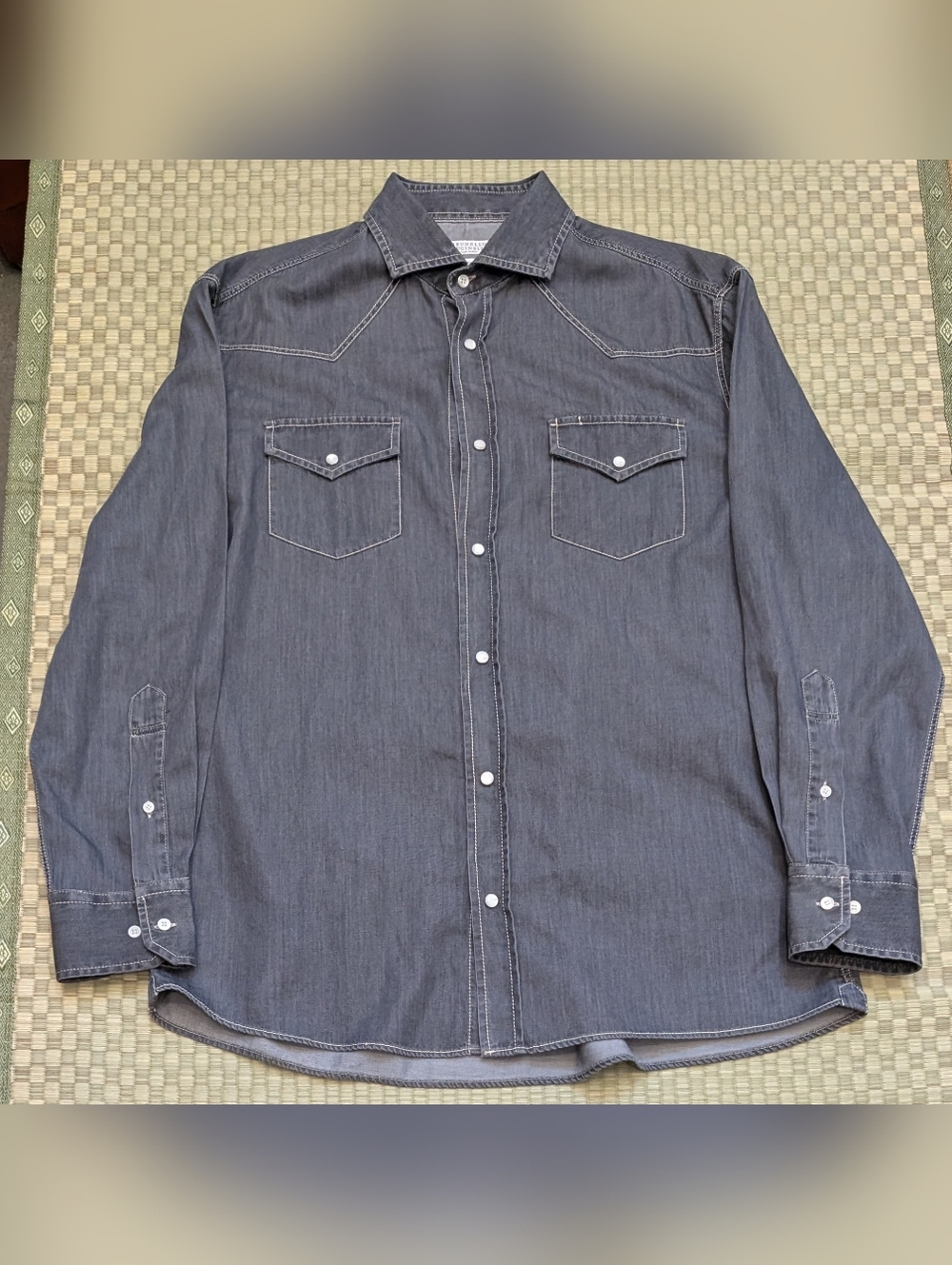 Brunello Cucinelli Easy Fit Denim Western Shirt Mid Gray Size XXL Made in Italy